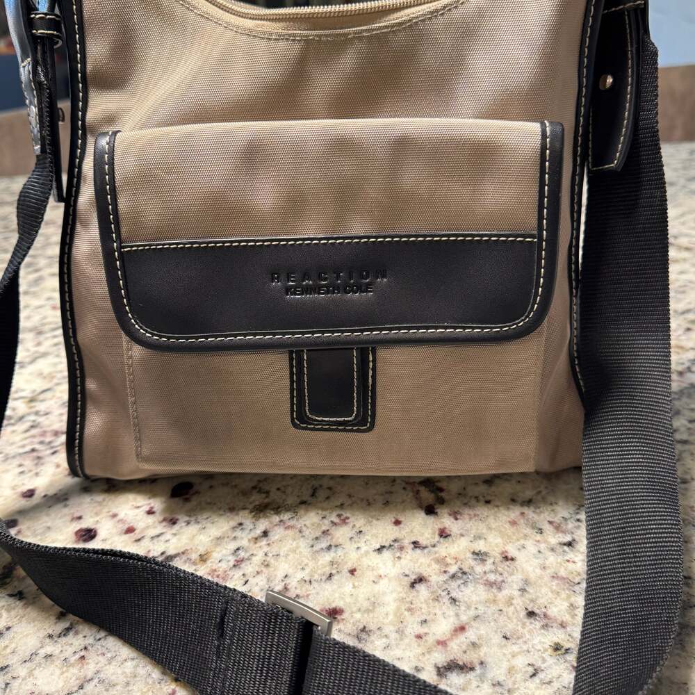 Kenneth Cole Reaction Tan Nylon Messenger Bag with Black Leather Trim